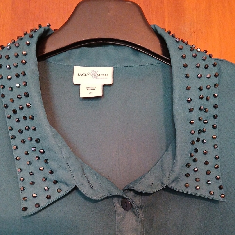 Jaclyn Smith Teal Blouse with Embellished Collar